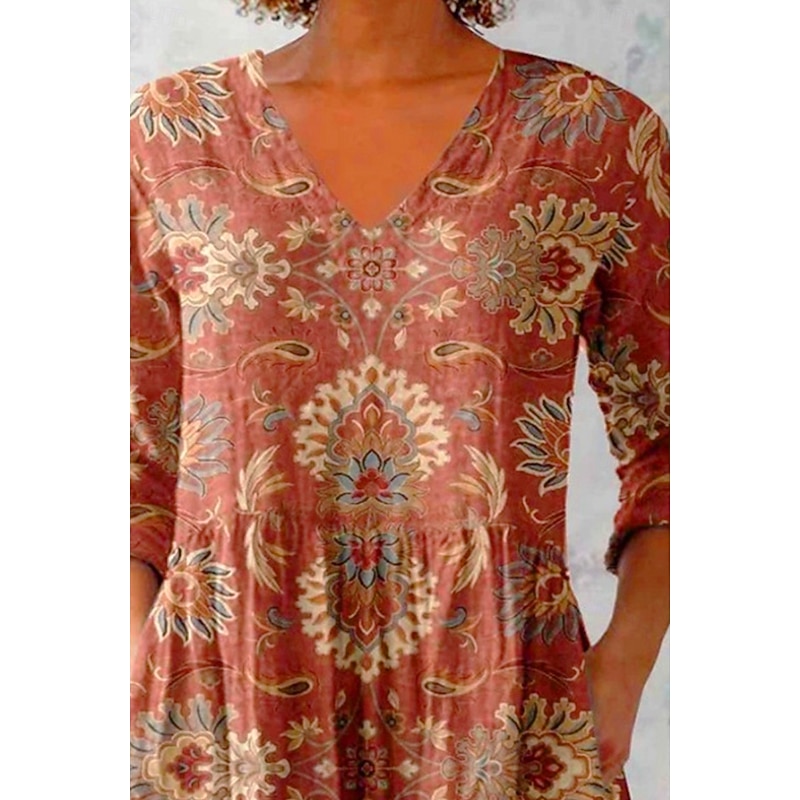 Women's Shirt Blouse Floral Bohemia Daily Retro Vintage Long Sleeve V Neck Regular Tops Daily Print Wine Fuchsia Green Summer Spring2