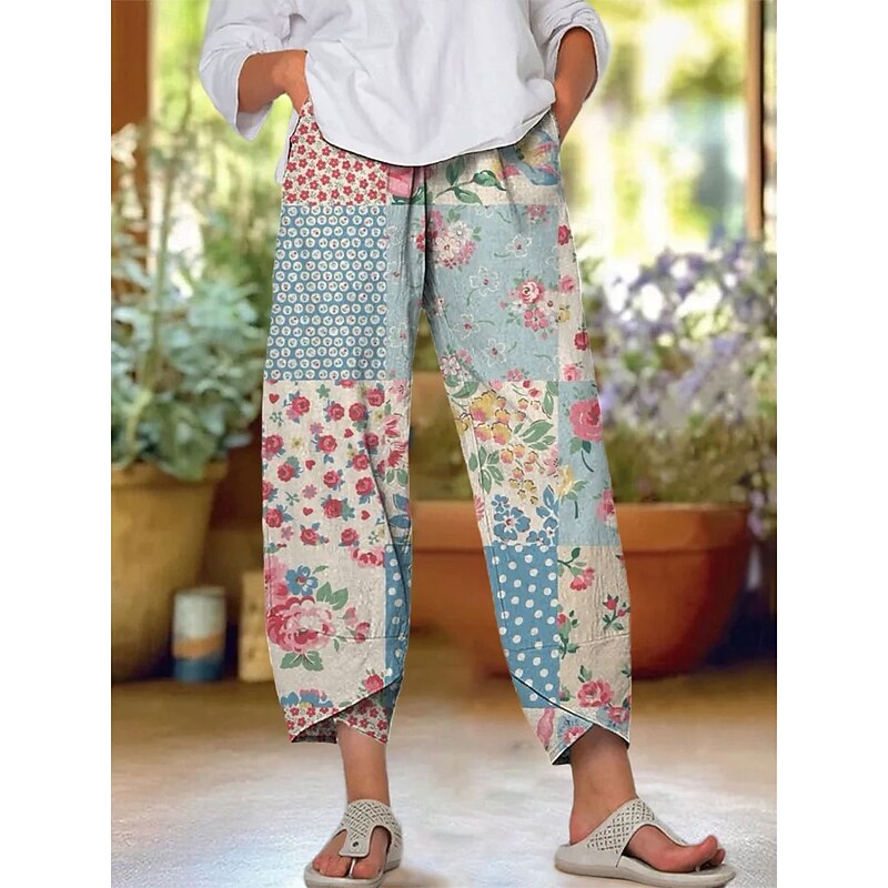 Women's Chinos Baggy Pants Beach Shorts Vacation Vintage Ethnic Style Ankle-Length High Waist Floral Graphic Drawstring Patchwork Printing Thermal Warm Soft Breathable Micro-elastic Formal Vacation