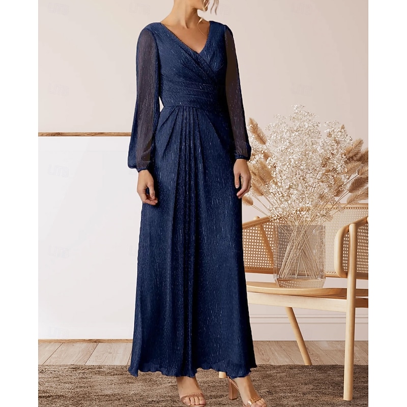 A-Line Mother of the Bride Dress Wedding Guest Elegant V Neck Floor Length Chiffon Long Sleeve with Pleats Ruching