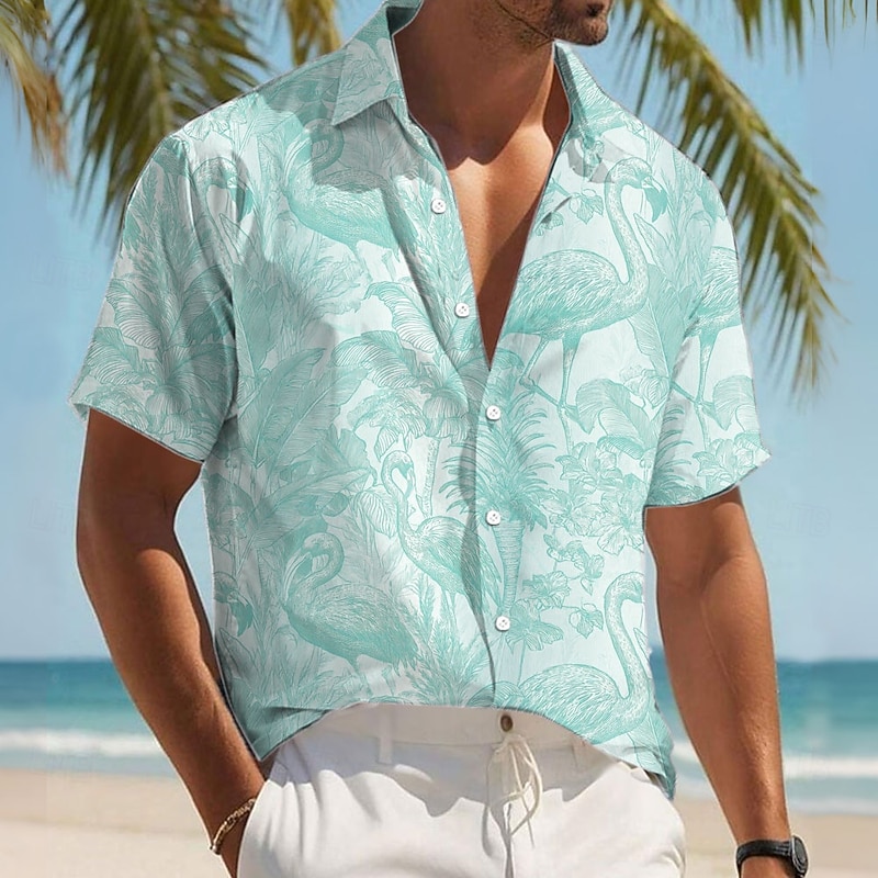 Men's Flamingo Bird Tropical Plants Shirt Summer Hawaiian Shirt Button Up Shirt Short Sleeve Hawaiian Resort Vacation Holiday Beach Wear Summer Spring Turndown 3D Print Collared Shirts Pink Blue3