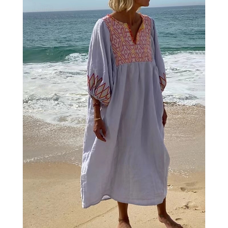 Women's Maxi Dress Shift Dress Casual Beach Regular Fit Floral 3/4 Length Sleeve V Neck White Yellow Blue Green Summer
