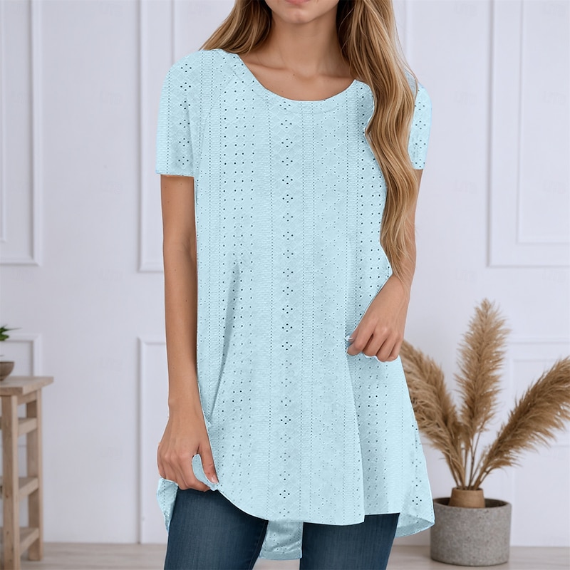 Women's Tunic Summer Tops Blouse Plain Stylish Casual Short Sleeve Crew Neck Long Tops Daily Eyelet Asymmetrical White Pink Purple Green Light Blue Summer Spring4