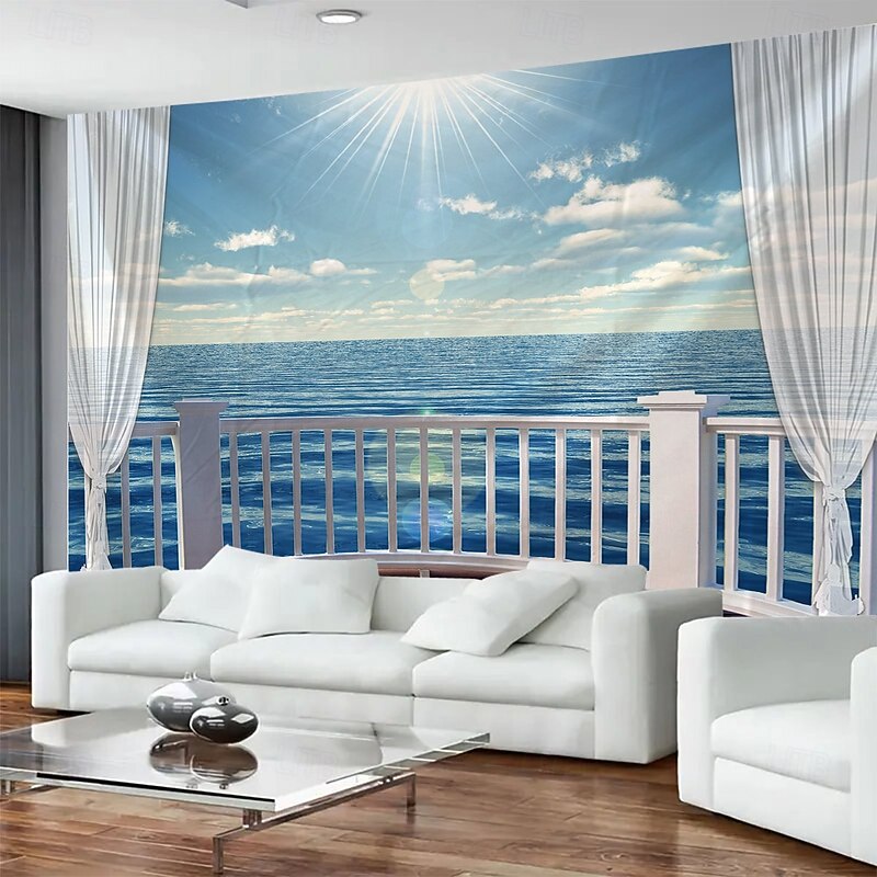 Outside The Window Balcony Sea View Hanging Tapestry Mural Art Large Tapestry Mural Decoration Photos Background Carpet Curtains Home Bedroom Living Room Decoration3