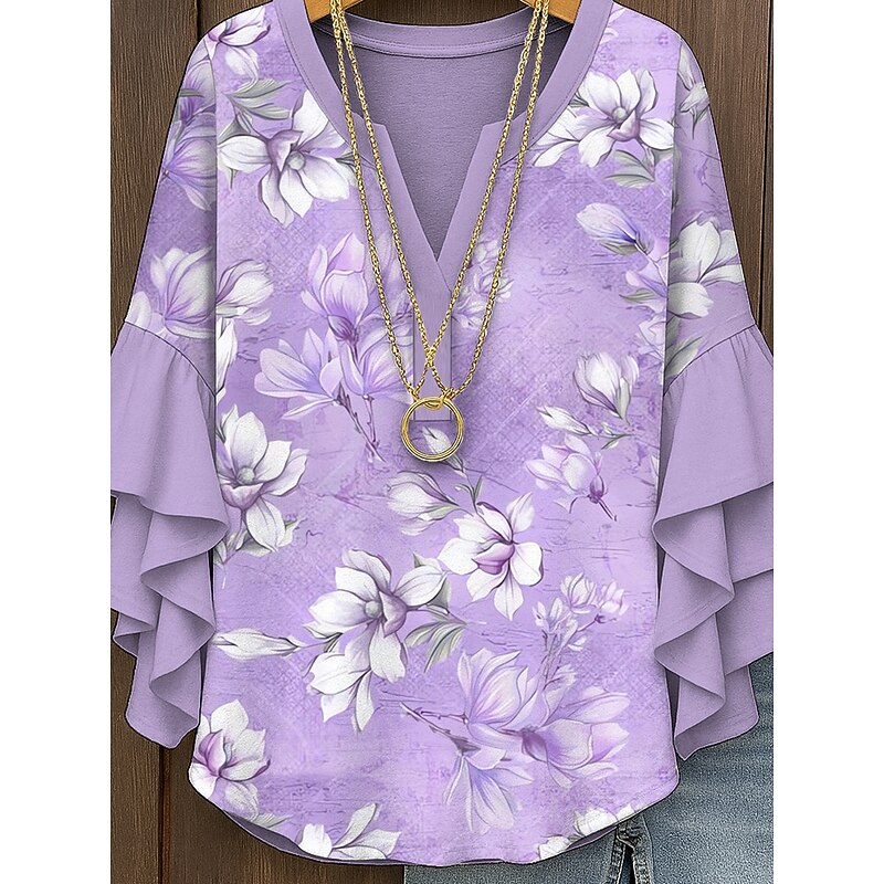 Women's Blouse V Neck Layered Ruffle Sleeve Tops Floral Graphic Bohemia Vintage Daily 3/4 Length Sleeve Regular Tops Daily Holiday Vacation Wear Print Pink Blue Purple Green Summer Spring Fall3
