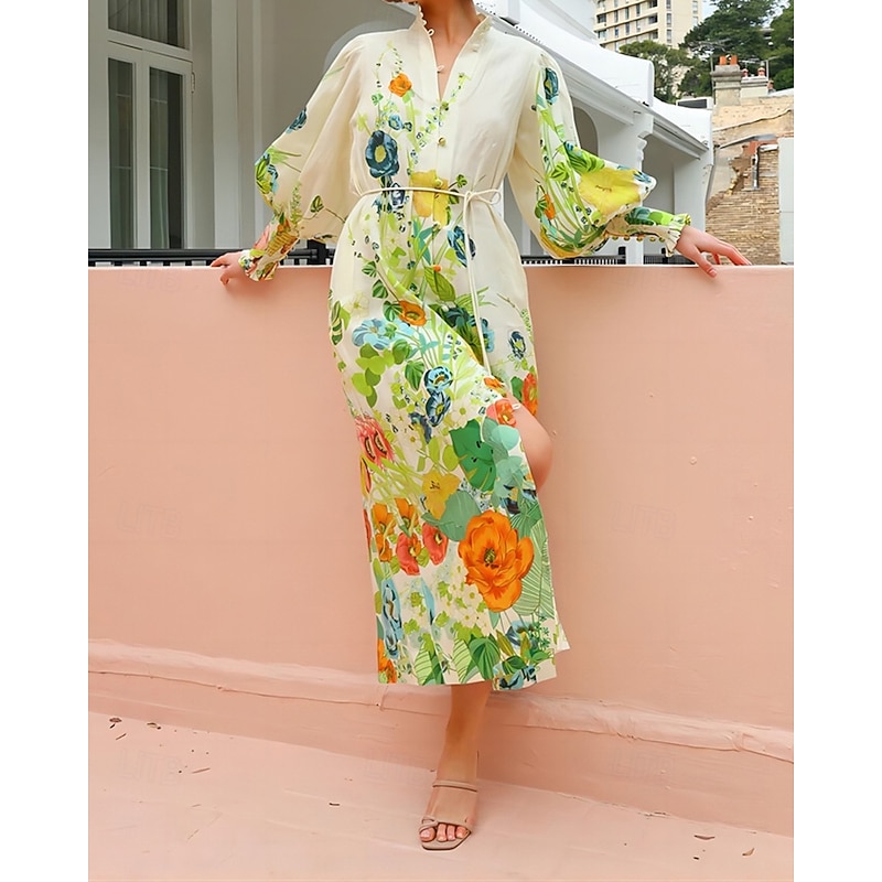 Women's Long Dress Maxi Dress Cotton Linen Dresses Casual Dress Fashion Puff Sleeve Outdoor Party Holiday Regular Fit Flower Long Sleeve Shirt Collar Green Summer4