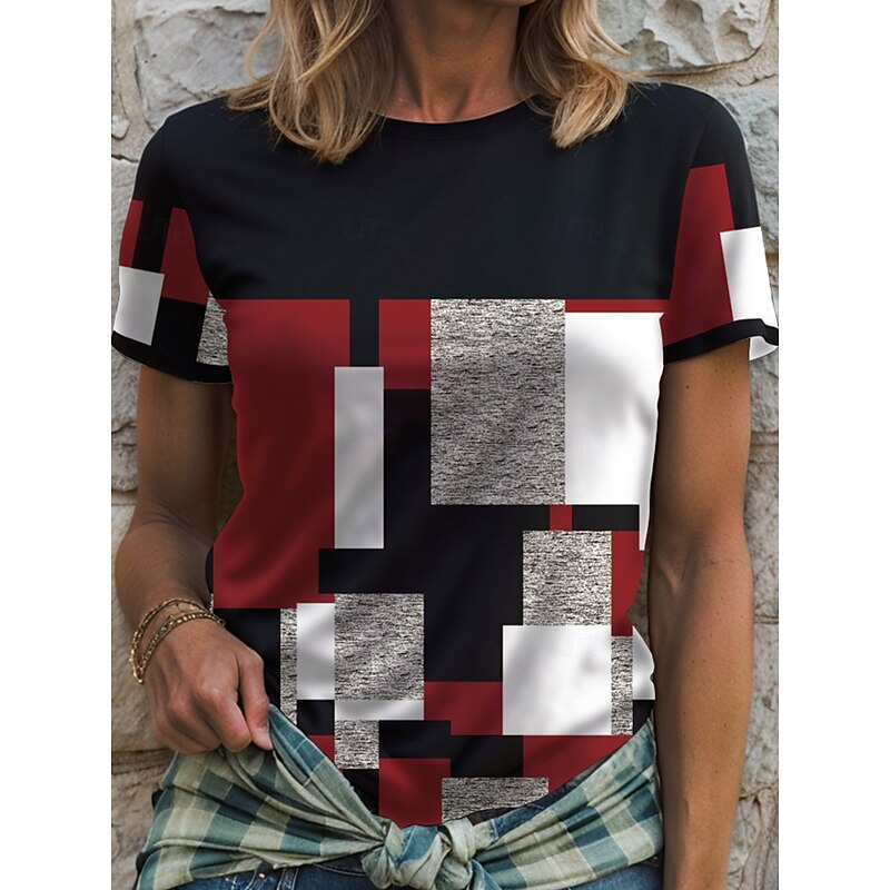 Women's T Shirt Graphic Geometric Color Block Vintage Stylish Classic Short Sleeve Crew Neck Round Neck Regular Tops Daily Print Red Blue Purple Green Summer Spring3