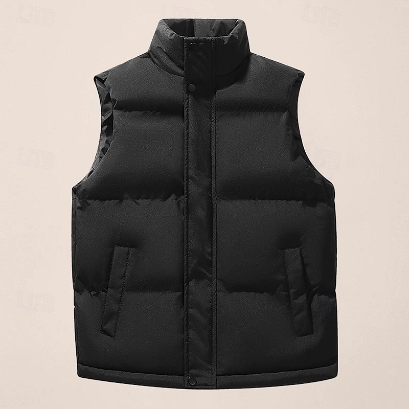 Men's Puffer Vest Daily Casual Spring &  Fall Pocket Polyester Comfortable Solid Color Zipper Stand Collar Black White Blue Vest