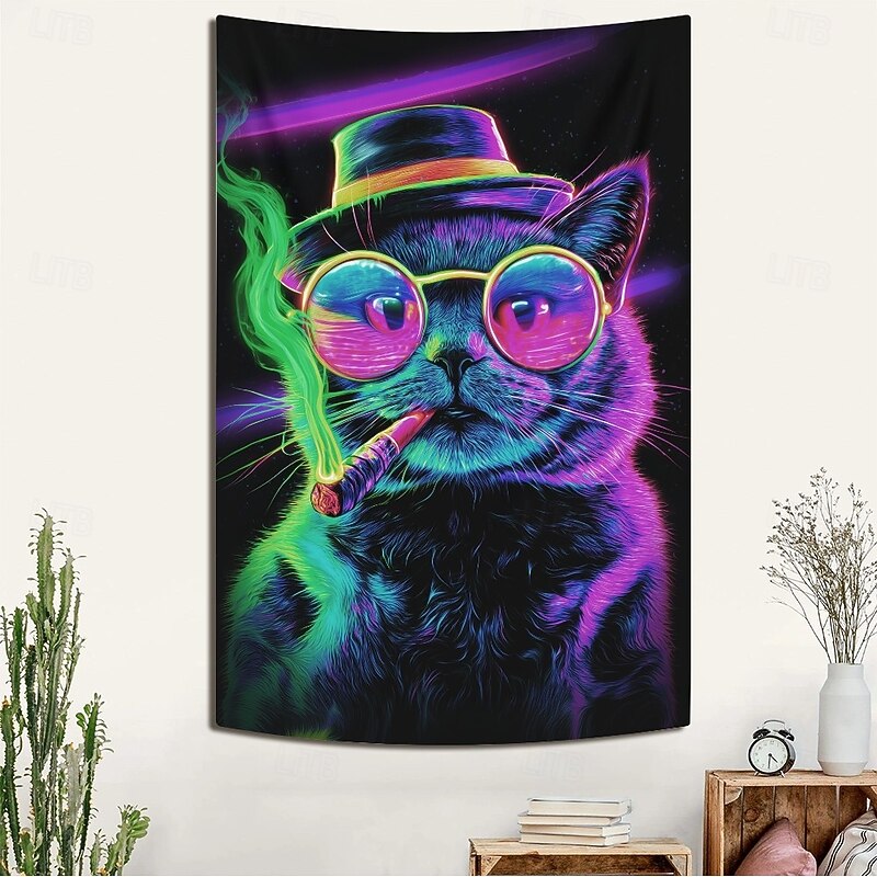 Blacklight Tapestry Glow in the Dark Glow Party UV Reactive Cat Trippy Misty Hanging Tapestry Wall Art Mural for Living Room Bedroom4
