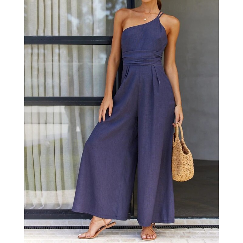 Women's Normal Jumpsuit Streetwear Solid Color Sleeveless One Shoulder Backless Street Daily Regular Fit Light Green Blue Green Summer - Main Image