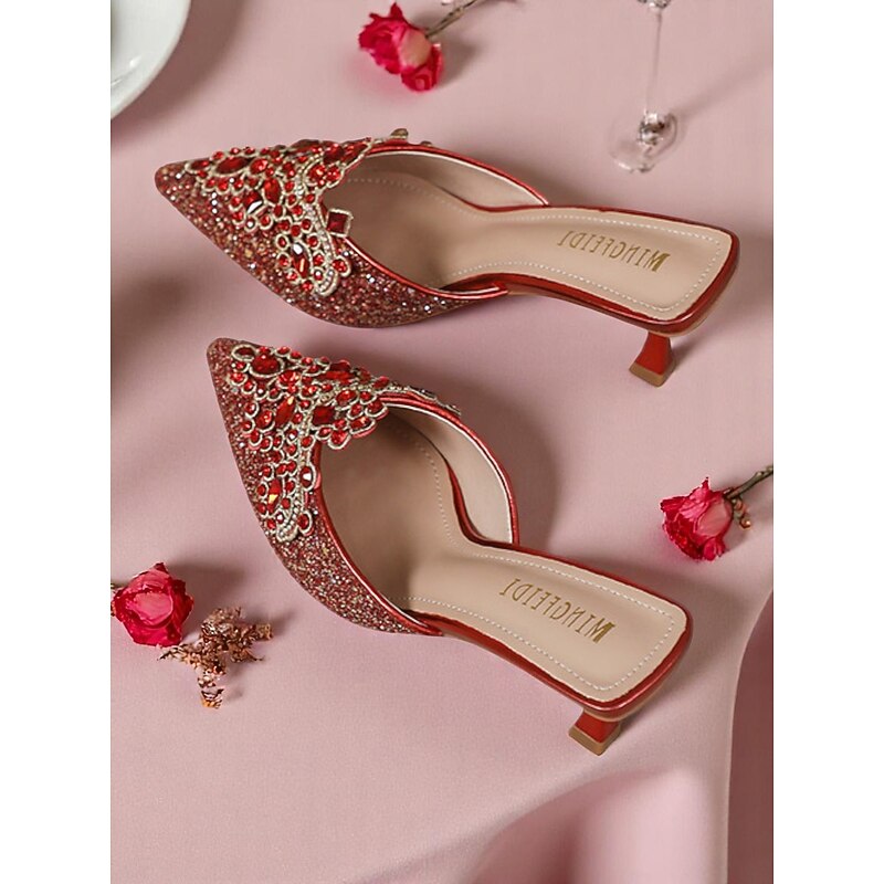 Women's Gold Sequin Embellished Mule Heels - Pointed Toe Slip-On Party Shoes with Rhinestone Detailing for Glamorous Cocktail Events2