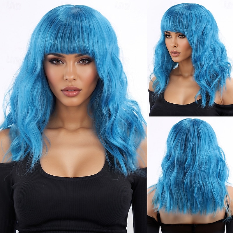 Synthetic Wig Wavy Asymmetrical Neat Bang Machine Made Wig 16 inch A1 Synthetic Hair Women's Elastic Classic Comfortable Multi-color