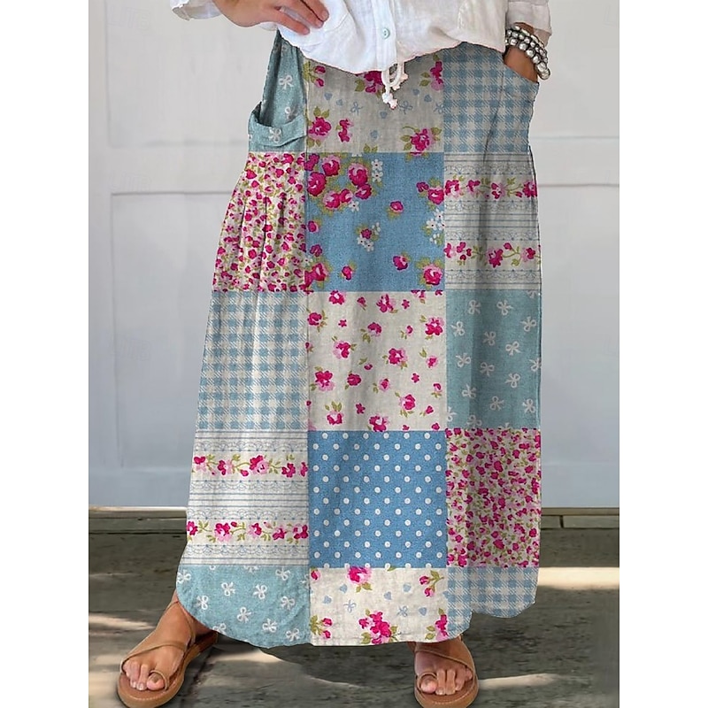 Women's Skirt A Line Bohemia Vintage Casual Maxi High Waist Skirts Floral Pocket Print Micro-elastic Street Daily Navy Blue Blue Sky Blue Brown Summer Polyester Faux Linen