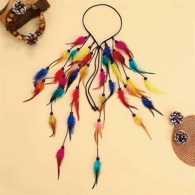 Boho Rainbow Indian Headbands Hippie Feather Headdress Adjustable Long Feather Hair Accessories for Women and Girls3
