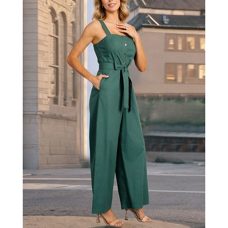 Women's Normal Jumpsuit Casual Solid Color Sleeveless Wide Leg Buttons Pocket Street Daily Regular Fit Black Red Green Summer3