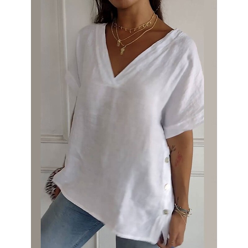 Women's Cotton Linen Blouse Solid Color Elegant Casual Short Sleeve V Neck Regular Tops Daily Holiday Buttons Black White Brown Summer