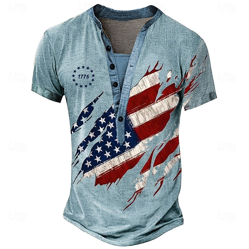 Men's American US Flag Stars and Stripes T Shirt Henley Shirt Tee Short Sleeve Designer Basic Classic Outdoor Casual Daily Summer Light Blue Khaki Gray Henley Henley T-Shirt2