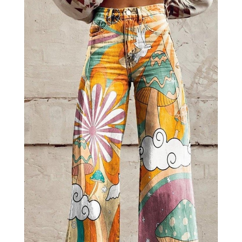 Women's Slacks Fashion Streetwear Full Length Natural Flower Pocket Printing Comfy Outdoor Comfortable Street Going out Yellow Summer Regular Fit2