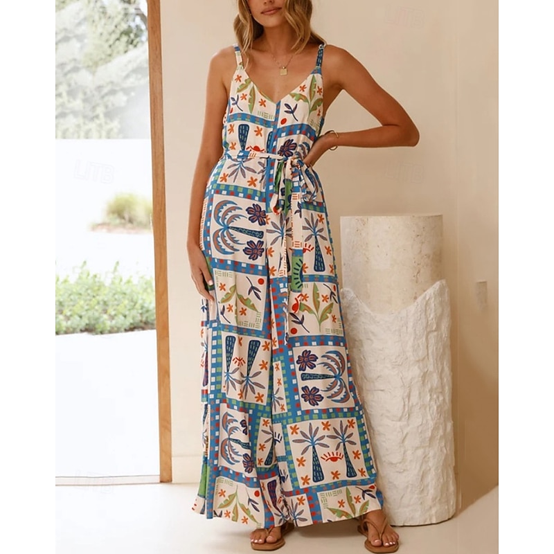 Women's Normal Jumpsuit Casual Floral Sleeveless Wide Leg V Neck Print Street Daily Regular Fit Blue Summer