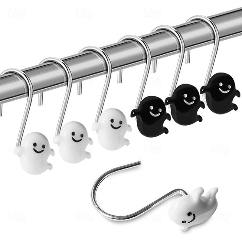 Halloween Shower Curtain Hooks for Halloween Bathroom Decor Rustproof Stainless Steel Shower Curtain Rings Hangers Set of 12, Skulls Ghosts Bathroom Accessories Set4