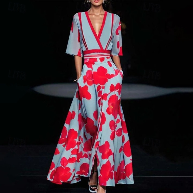 Women's Long Dress Maxi Dress Floral Dress Print Dress Fashion Modern Outdoor Vacation Date Regular Fit Flower Half Sleeve V Neck White Red Summer