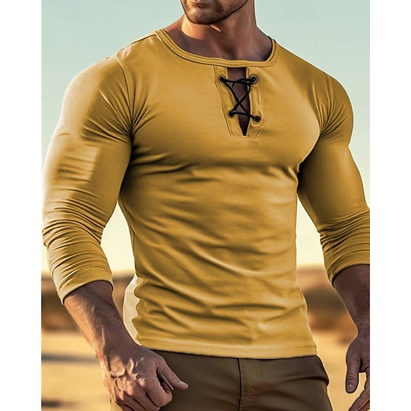 Men's T Shirt Tee Tee Top Long Sleeve Shirt Long Sleeve Crew Neck Summer Spring Plain Fashion Designer Basic Lace up Vacation Street Going out Black Yellow Green Top Tee for Men3