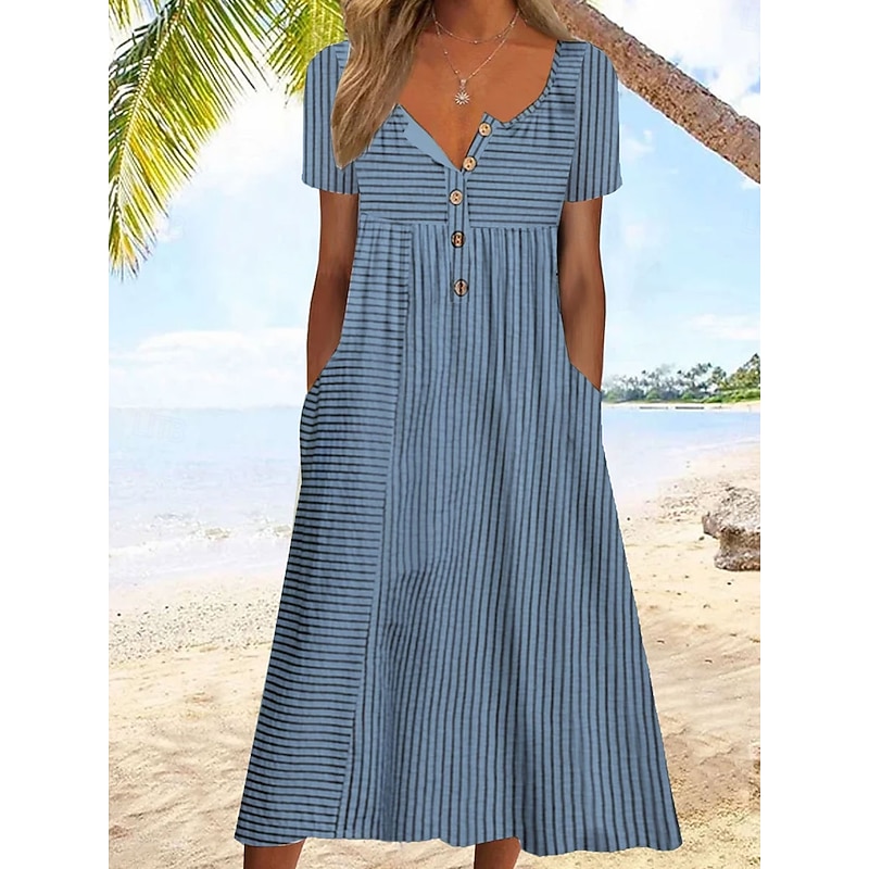 Women's Midi Dress Casual Dress Sundress A Line Dress Summer Dress Vacation Casual Beach Holiday Loose Fit Graphic Stripe Short Sleeve Crew Neck Blue Gray Summer4