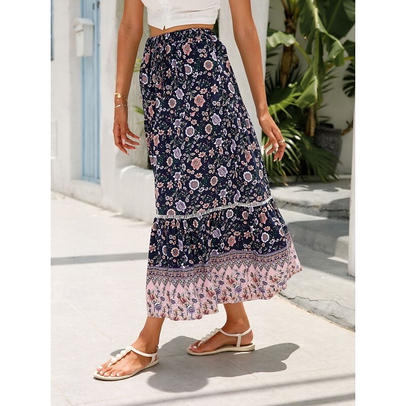 Women's Skirt A Line Bohemia Casual Midi High Waist Skirts Floral Pocket Print Micro-elastic Street Daily Red Orange Dark Blue Apricot Summer Rayon2
