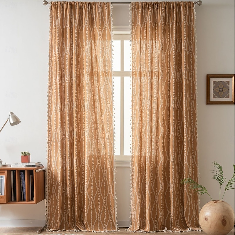Boho Curtains Printed Cotton Linen Rod Pocket Vintage Farmhouse Bohemian Tassels Window Treatment 1 Panel Terracotta Stripe Florals for Bedroom Dining Room