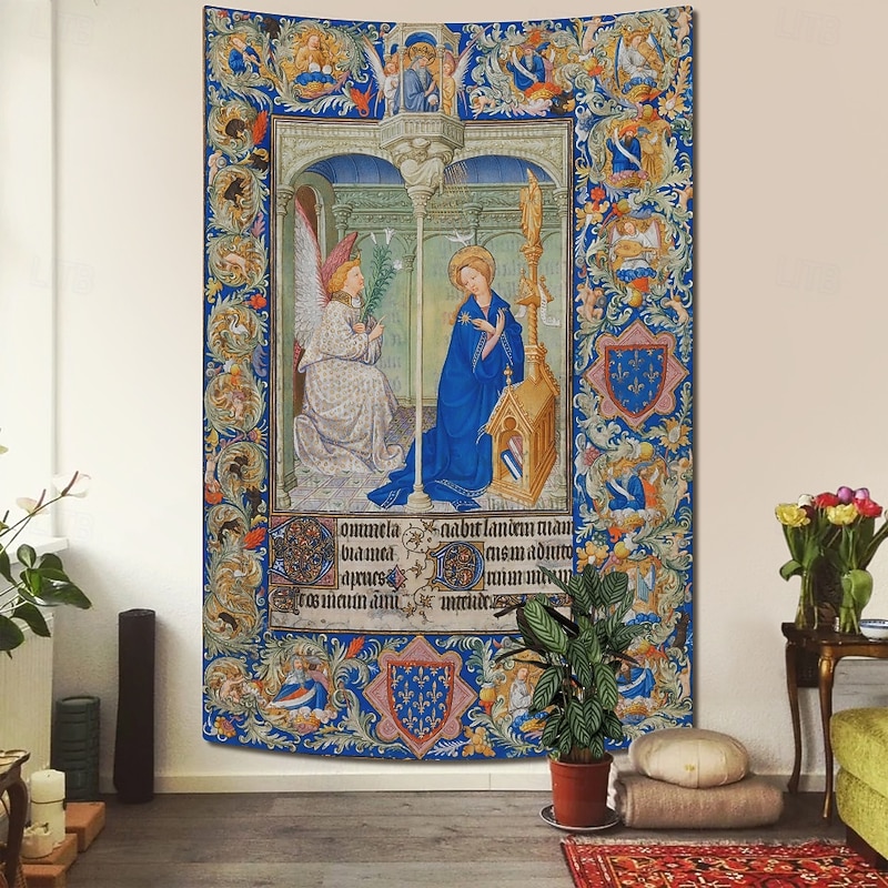 Medieval Tapestry Middle Age Tapestry Religious Art Large Tapestry Mural Decor Photograph Backdrop Home Bedroom Living Room Decoration The Annunciation