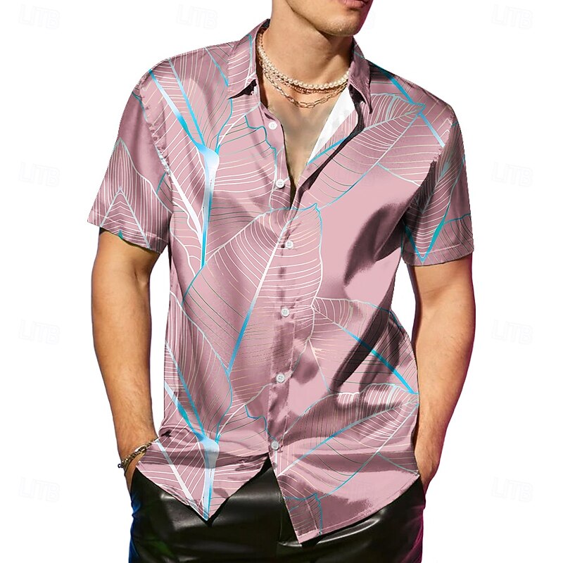 Men's Coconut Tree Tropical Plants Satin Shirt Dress Shirt Button Up Shirt Short Sleeve Fashion Casual Vacation Party Evening Wear Daily Summer Spring Turndown Collared Shirts Button Up 3D Print Pink3