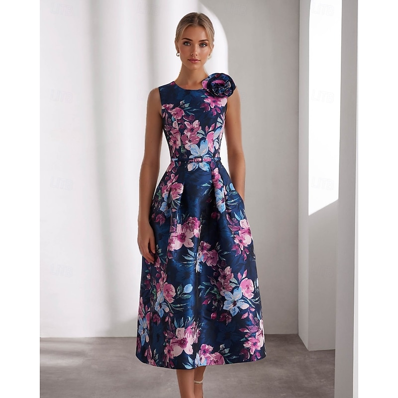 A-Line Cocktail Dresses Elegant Dress Formal Wedding Ankle Length Sleeveless Crew Neck Pocket Satin with Floral Print Pocket Wedding Guest Dress