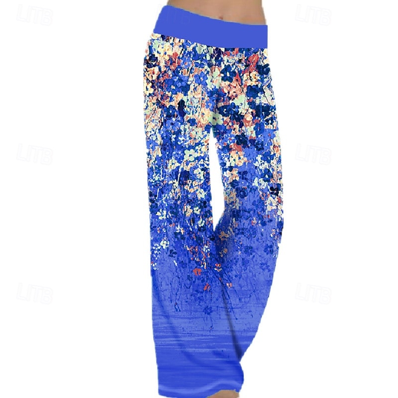 Women's Wide Leg Slacks Pants Trousers Fashion Boho Full Length Natural Floral Print Comfy Outdoor Comfortable Outdoor Vacation Weekend Wine Light Sky Blue Grey Blue Summer Regular Fit2