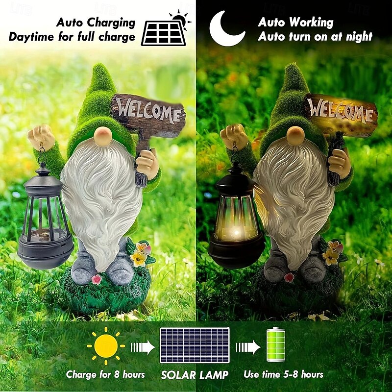 Outdoor Garden Lighs Gnome Statue Outdoor Decoration Large Flocked Resin Gnome Statue with Solar Light Handheld Lantern Welcome Sign Garden Yard Patio Porch Lawn Decoration2