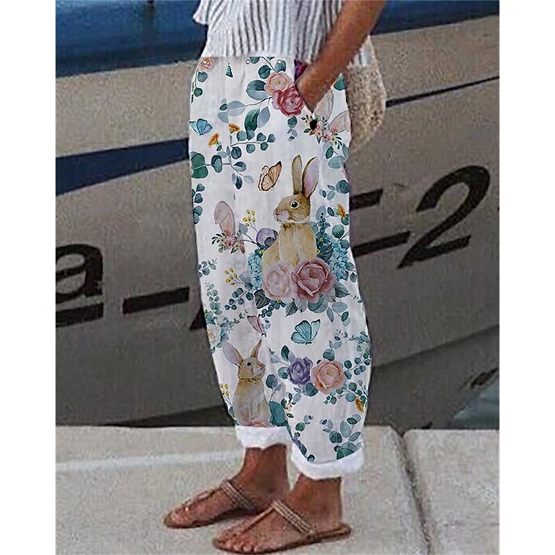 Women's Linen-Inspired Pants Harem Pants Fashion Boho Full Length Mid Waist Rabbit Flower Elastic Waist Breathable Comfortable Micro-elastic Street Daily Wear Going out Blue Summer Spring Regular Fit