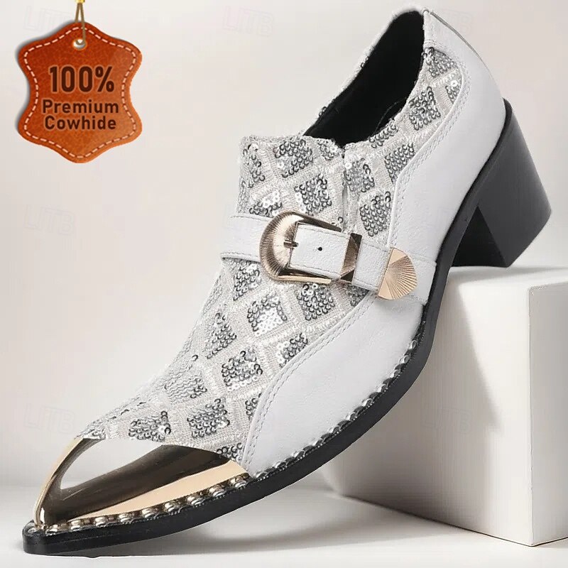 Men's White Leather Dress Shoes with Gold Tip Metallic Buckle–Stylish Formal Shoes for Business Meetings and Evening Events