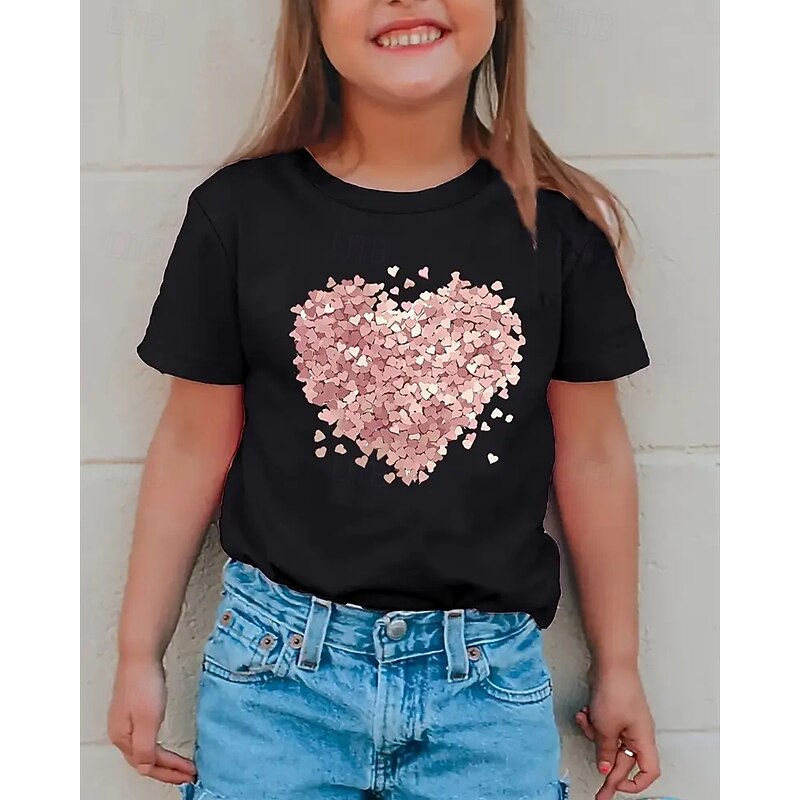 Girls' 3D Heart T shirt Tee Short Sleeve Summer Spring Fashion Basic Kids 4-12 Years Crew Neck Outdoor Casual Daily Regular Fit3