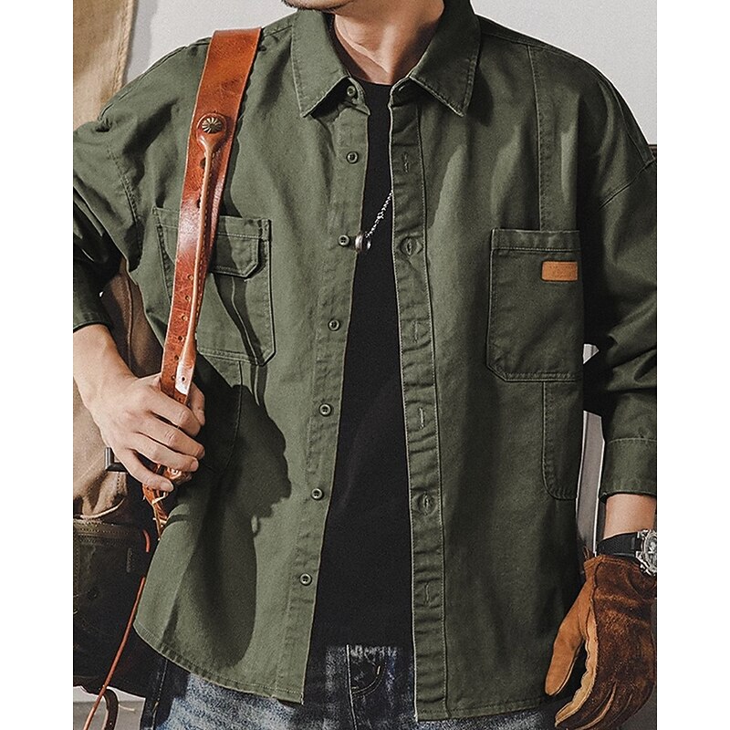 Men's Shirt Jacket Overshirts Transition Jacket Daily Lightweight Pocket Summer Spring Plain Classic Lapel Apricot Black Navy Blue Blue Dark Green Jacket2