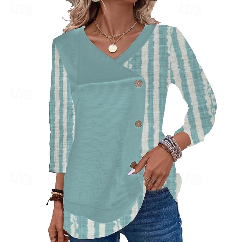 Women's Blouse Flower Modern Casual Long Sleeve V Neck Regular Tops Daily Holiday Patchwork Print Yellow Green Light Grey Light Blue Summer