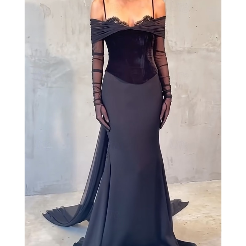 Black Dress Velvet Corset Dress Mermaid / Trumpet Evening Gown Elegant Dress Formal Black Tie Gala Dress Wedding Court Train Sweetheart Lace with Ruched Sleeve3