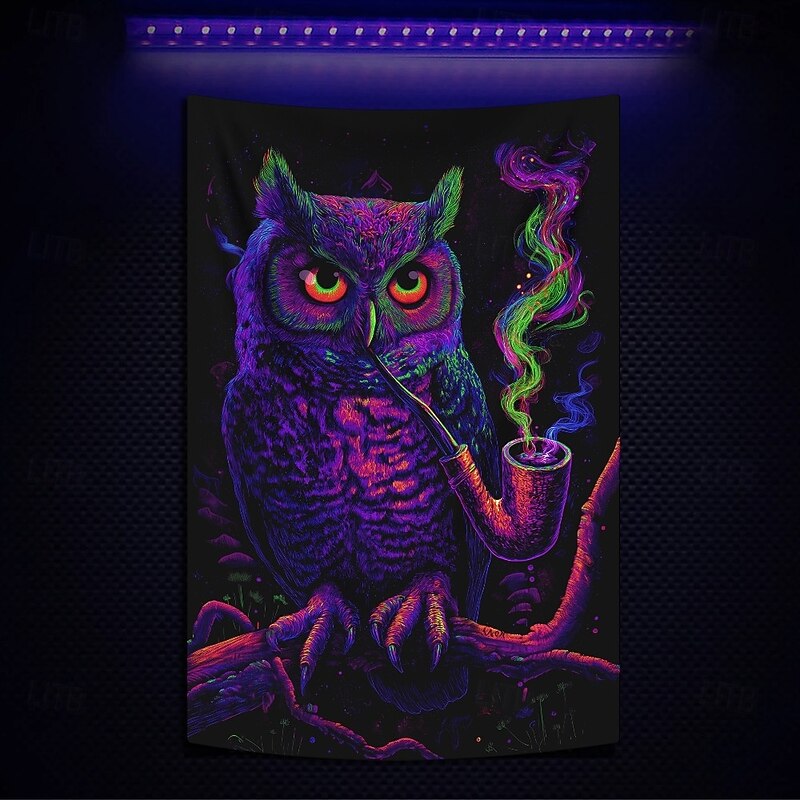 Blacklight Tapestry Glow in the Dark Glow Party UV Reactive Animal Owls Trippy Misty Hanging Tapestry Wall Art Mural for Living Room Bedroom