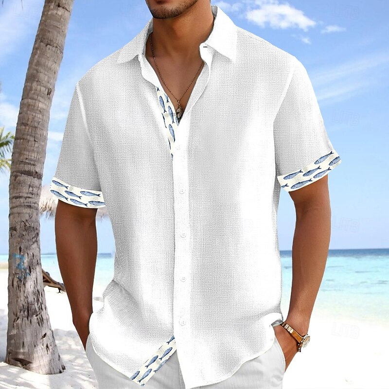 Men's Linen Shirt Summer Shirt Beach Wear Summer Hawaiian Shirt Button Up Shirt Fish Vacation Holiday White Pink Blue Green Short Sleeve Turndown Summer Spring Clothing Apparel4