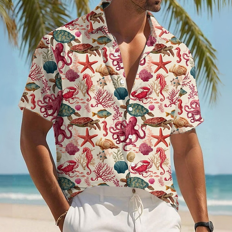 Men's Starfish Turtles Sea Creatures Shirt Summer Hawaiian Shirt Button Up Shirt Short Sleeve Hawaiian Resort Vacation Holiday Beach Wear Summer Spring Turndown 3D Print Collared Shirts Pink Apricot
