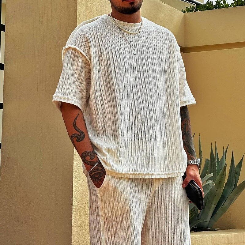 Men's T-shirt Suits 2 Pieces Outfits Tee & Shorts Short Sleeve Crew Neck Summer Plain Fashion Casual 2 Piece Vacation Daily Wear Going out Beige Top Tee for Men2