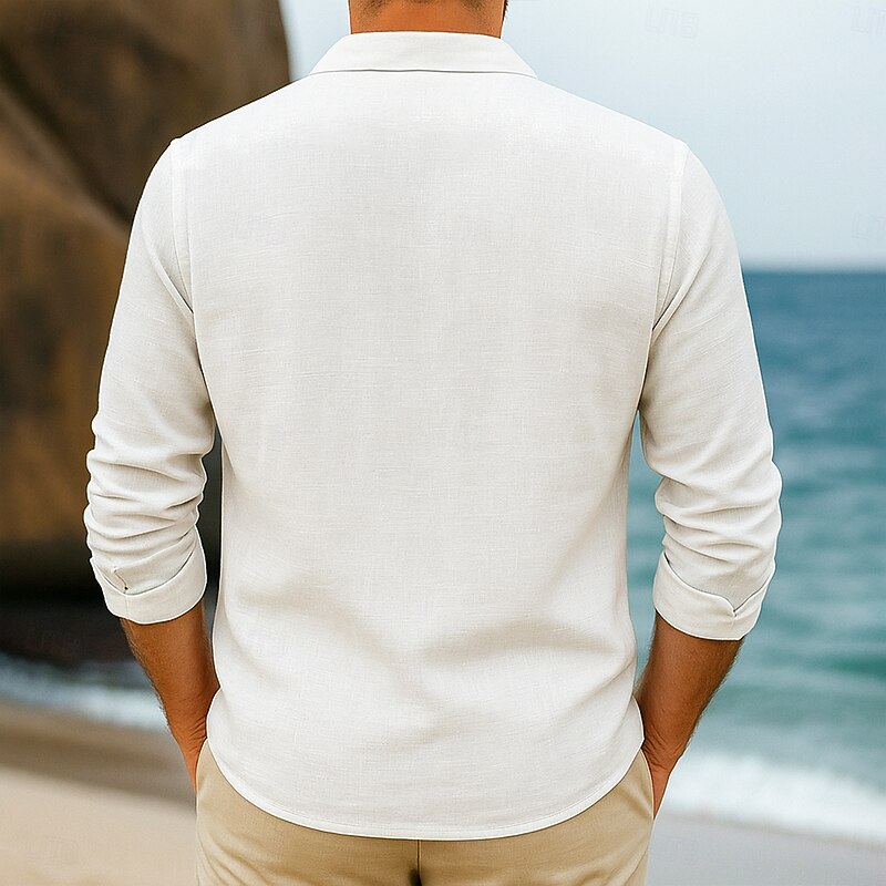 Men's Shirt Linen Shirt Guayabera Shirt Summer Shirt Beach Shirt Solid Color Vacation Casual White Long Sleeve Camp Collar Clothing Apparel Multiple Pockets2