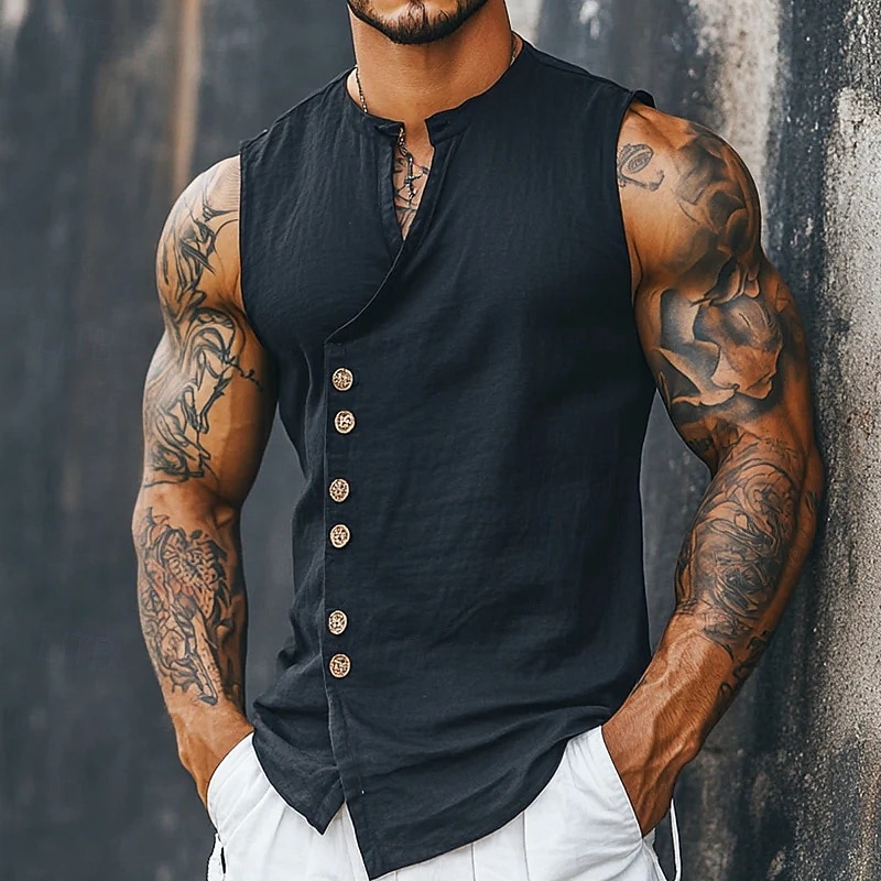 Men's Shirt Linen Shirt Summer Shirt Beach Shirt Vintage Shirt Sleeveless Shirt Plain Daily Streetwear Black White Sky Blue Khaki Sleeveless Mandarin Collar Summer Spring Clothing Apparel Buttons