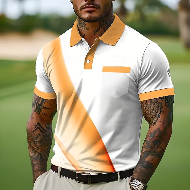 Men's Button Up Polos Business Casual Lapel Short Sleeve Office Geometic Line Buttons Pocket Summer Yellow Blue Orange Gray Button Up Polos2