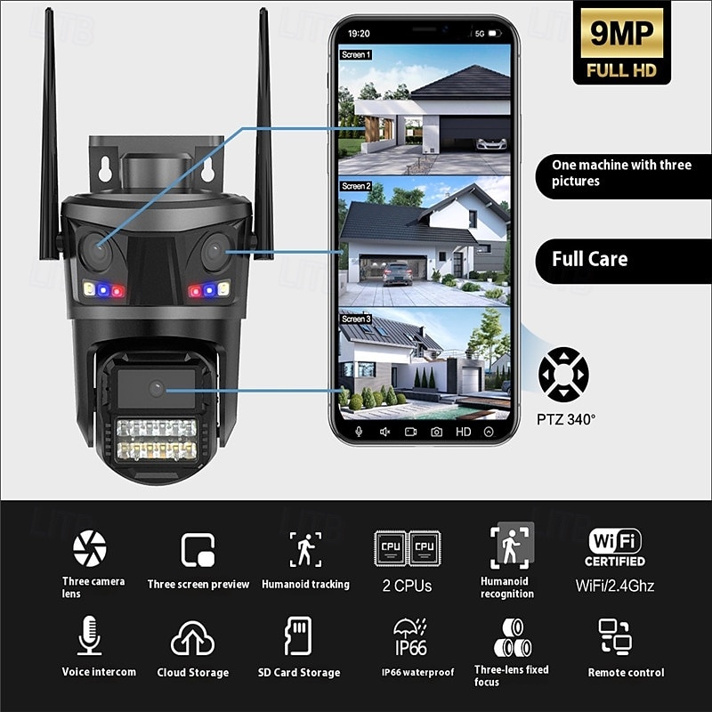 9MP Triple Lens Outdoor WiFi Security Camera – PTZ Surveillance Cam with Auto Tracking, 3-Screen Preview, Night Vision, IP66 Waterproof