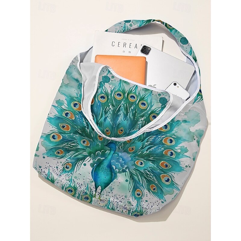 Women's Peacock Print Folding Tote Bag - Large Capacity Reusable Shopping Bag with Elegant Watercolor Design, Lightweight and Stylish, Great for Daily Use, Travel and Eco-friendly Shopping4