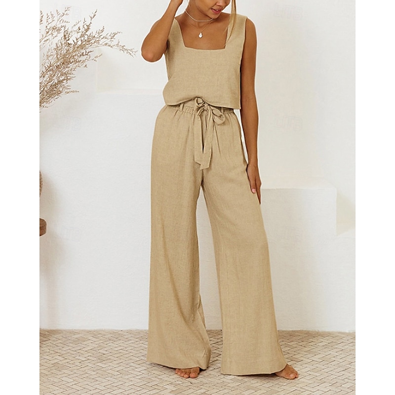 Women's Active Fashion Blouse Pants Sets Sleeveless U Neck Solid Color Drawstring Holiday Going out White Purple Khaki Summer Regular Fit