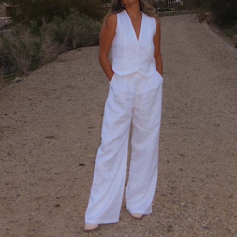 Women's Active Fashion Blouse Pants Sets Sleeveless V Neck Solid Color Dubbele Rij Knopen Daily Casual Daily Black White Pink Summer Regular Fit2